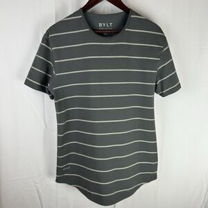 BYLT Drop Cut S/S Lux Shirt‎ Mens Medium Gray Striped Gym Workout Performance